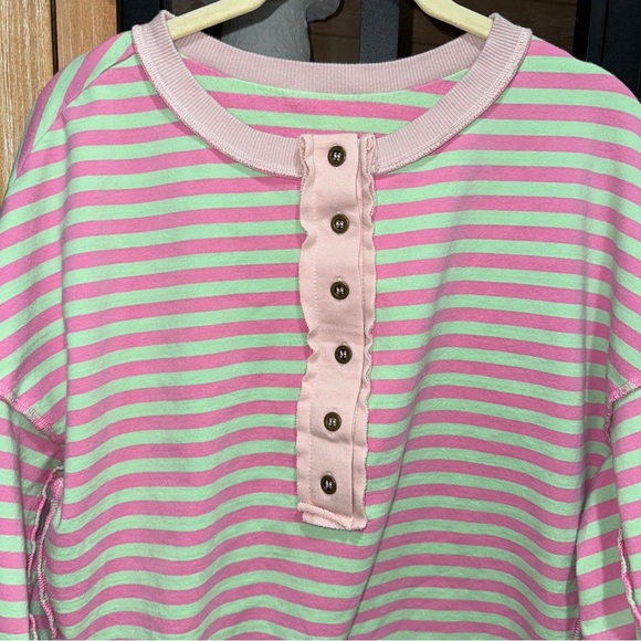 Free People henley sweatshirt terry raglan inside out pullover stripes mint top - Picture 3 of 7